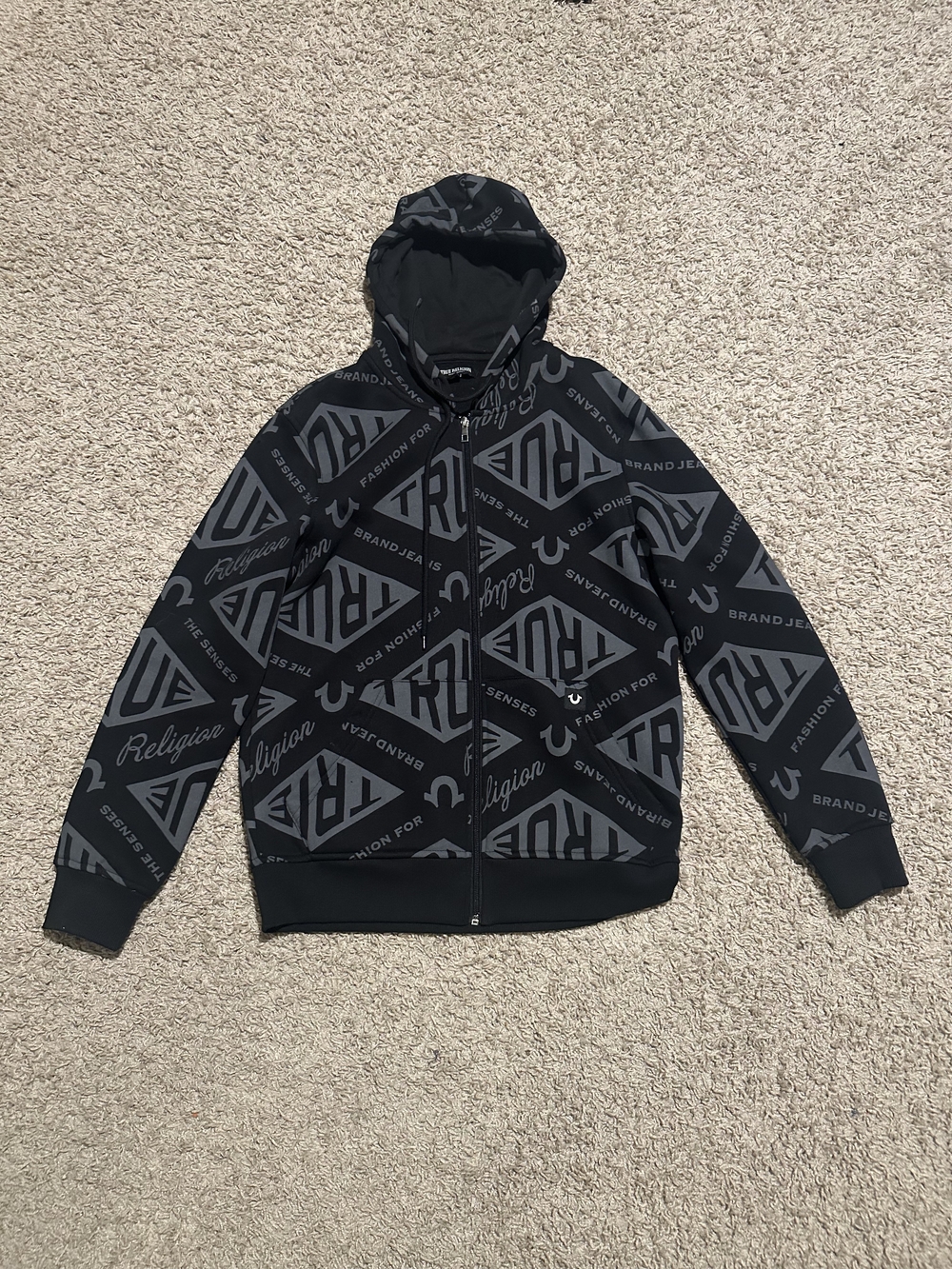 True Religion Black and Gray Logo Zip-Up Hoodie